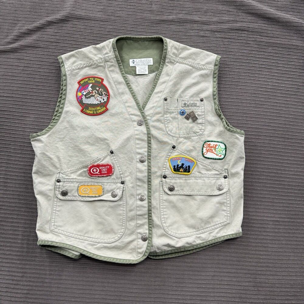 Vintage Columbia Vest Women‎ Medium Brown Cotton Patches Outdoors Hiking.